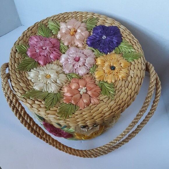 Vintage 70's Straw Floral Hats/ Tote Bag - Picture 2 of 12